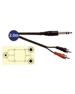 6.3mm Stereo Jack Male Plug to 2x RCA Phono Male Plugs, Lead 2m