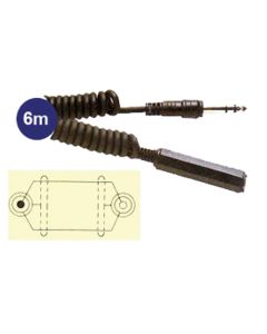 6.3mm Stereo Jack Male Plug To 6.3mm Stereo Jack Female Socket Curly Lead, 6m (Headphone Extension)