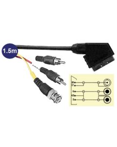 Scart Plug To BNC Plug and 2x RCA Phono Male Plugs Lead 1.5m