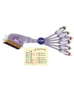 Scart Plug to 6x Phono Male Plugs Lead 1.5m, Gold Plated