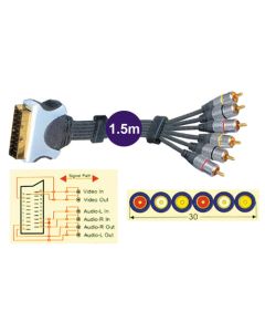 Scart Plug To 6x RCA Phono Male Plugs Lead 1.5m, Gold Plated