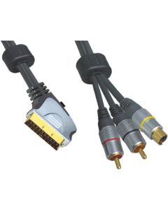 Scart Plug To 2x RCA Phono Male Plugs SVHS Male Plug Lead 5m, Gold Plated
