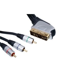 Scart Plug to 3x RCA Phono Male Plugs Lead 15m, Gold Plated